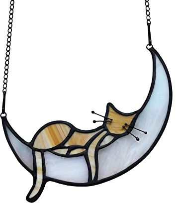 BOXCASA Orange Cat Decor,Tabby Cat Suncatchers Decor for Cat Lovers, Handcrafted Stained Glass Window Hangings for Sleeping Cat on Moon Decoration,Cat Ornament for Patio,Living Room,Office