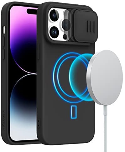 Nillkin Magnetic Case Compatible with iPhone 14 Pro 6.1 inch, [Camera Protection] [Support Magsafe Charger] with Slide Camera Cover, Slim Stylish Protective Liquid Silicone Case Black