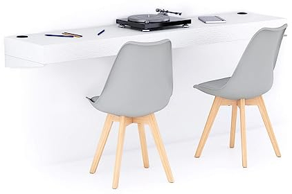Mobili Fiver, Scrivania sospesa a muro Evolution 180x40, Bianco Frassino con Caricatore Wireless, Made in Italy