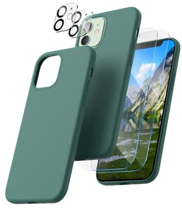 CALOOP 5 in 1 Designed for iPhone 12 Case and iPhone 12 Pro Case 6.1, with 2 Pack Screen Protector & 2 Pack Camera Lens Protector, Soft Liquid Silicone Gel Slim Shockproof Cover, Pine Green