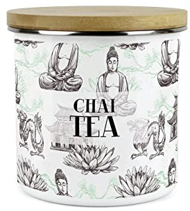 Purely Home Asian Scenes Chai Tea Canister - White Metal Enamel Kitchen Food Storage Container