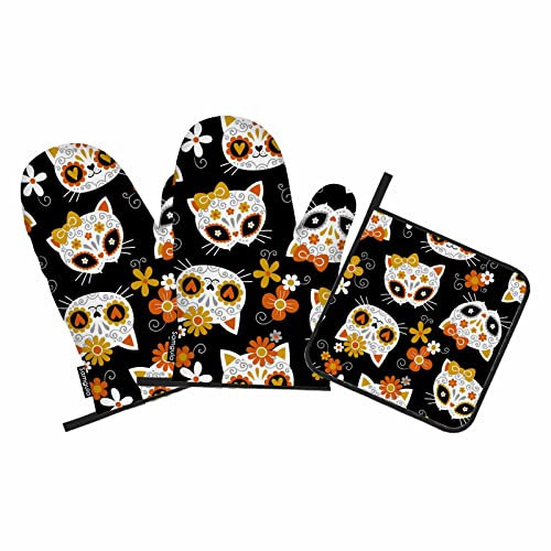 Samgula Ofenhandschuhe und Topflappen, mit Blumenmuster, Totenkopf, lustig, hitzebeständig, 3 Stück zum Kochen, Backen, Grillen