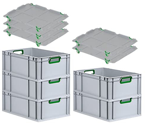 PROREGAL SuperSparSet 5x Eurobox NextGen Color mit Auflagedeckel & Schiebeschnappverschlüsse, HxBxT 22x40x60cm, 44L, Griffe grün offen, Verstärkter Boden, Eurobehälter Transportbox Transportbehälter