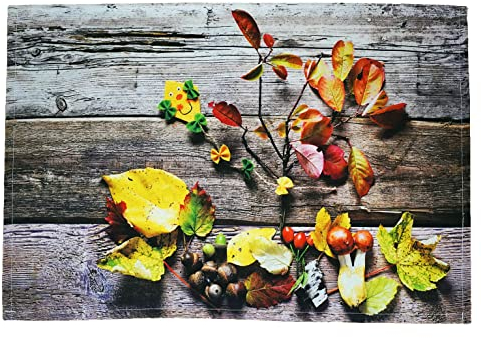 texpot 2 Stück Platzdeckchen 30 x 45 aus 100% Polyester Herbst buntes Herbstlaub auf Holzbrett