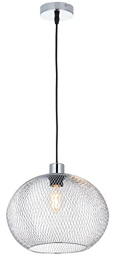 National Lighting Pendant Light Fitting – Retro Chrome Pendant Wire Shade –Dimmable Ceiling Lights with Mesh Metal Basket Lightshade – Hanging Ceiling Globe Pendant Light – 10W LED E27 – Chrome