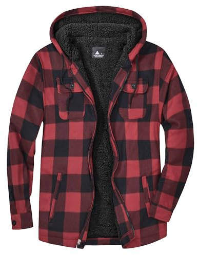JACKETOWN Hemdjacke Kariertes Herren hoodies Flanelljacke Warm Thermohemd Herren Holzfäller Jacke Verdicken Freizeitjacke kariert coat Langarm mit Reißverschluss FleeceFutter Winterjacke (Rot S)