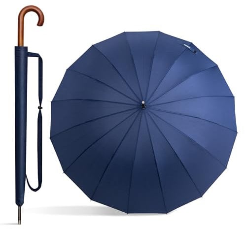 Becko Stick Tote Umbrella, Durable and Strong Enough for The Fierce Wind and Heavy Rain, Unisex Golf Umbrella, Color Black or Blue or Green, with J-Handle / 16 Ribs (Blue)