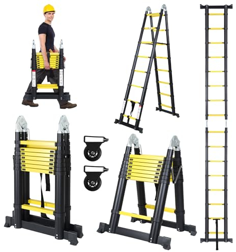 Jopassy Teleskopleiter, Rutschfester Aluminium Stehleiter, 150 kg/330 Pfund Belastbarkeit Ausziehbare Leiter, Aluminiumleiter mit Tragegriff, Mehrzweckleiter (B-2.5M+2.5M)