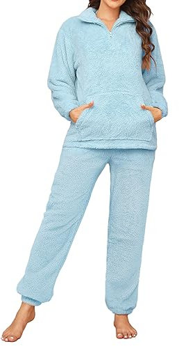 Tuopuda Pigiama Donna Tuta Completa Invernale, Pigiami Felpa Pile Donna Pullover Pantaloni Pigiama Donna, Maglione Top Tute Manica Lunga Regalo Donna, Blu, L