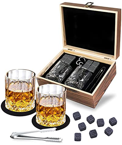 Rantizon Whiskey Gift Sets for Men, Whiskey Glass Set of 2 with 8 Whisky Glass Scotch Bourbon Chilling Stones in Wooden Box Whisky Gift Set - Christmas Birthday Gift for Father Boyfriend Family