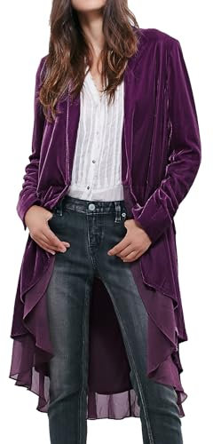 R.Vivimos Autunno Inverno Donne Velluto Ruffle Cappotto Casual Vintage Giacca Lunga Collarless Classico Swallowtail Hem Blazer(L,Viola)