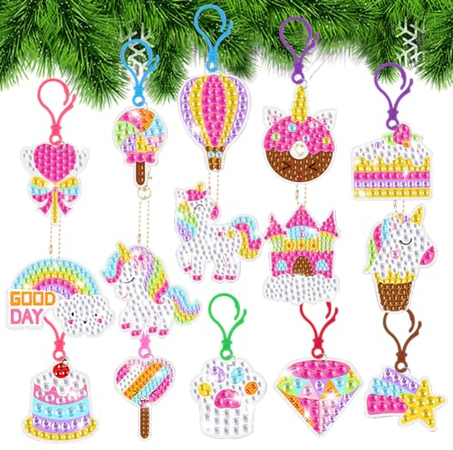 AUAUY Diamond Painting Kinder Set, 15pcs Einhorn Diamond Painting Anhänger, 5D Full Drill Diamond Painting Keychain Anhänger, DIY Diamond Painting Schlüsselanhänger Basteln Mädchen für Kindergeschenke