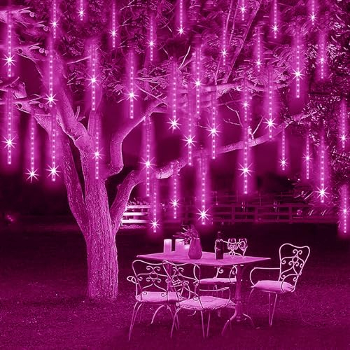 KINGCOO 2St Meteorschauer Lichterkette, Meteorschauer Fallende Regen Lichter 30cm 8 Tubes 192LEDs Wasserdichte Schneefall Lichterkette für Garten Hochzeit Party Weihnachten Dekoration (Rosa)