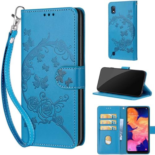 for Samsung Galaxy A10 Case, Embossed Premium PU Leather Folio Flip Notebook Wallet Cover Compatible with Samsung A10 Phone Case [Magnet Closure][Kickstand][Card Slots], Blue Flower