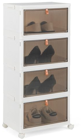 COSTWAY Foldable Shoe Cabinet, 3/4/6 Tier Stackable Shoe Organizer with Magnetic Transparent Doors, Top Lid & Lockable Universal Wheels, Large Plastic Storage Bin