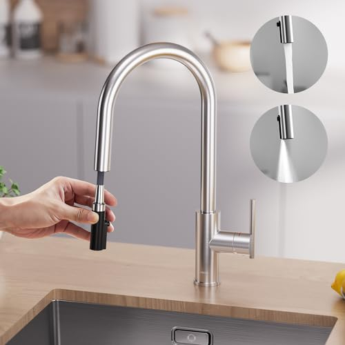 CECIPA Wasserhahn Küche Ausziehbar, Hochdruck Küchenarmatur mit Kehrspray Wasserstrahlarten, Küche Mischbatterie Edelstahl Gebürstet, Einhebelmischer 360° Schwenkbar