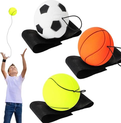 MQIAN 3 Stück Springball mit Schnur, Ø 6cm Ball mit Gummiband, Handgelenk Return Ball, Ball mit Schnur, Wrist Ball, Sport Spielzeug für Kinder Erwachsen, Basketball, Fußball, Tennisball (A)