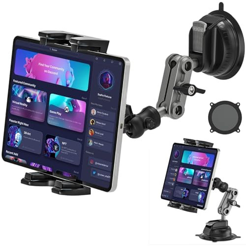 Support de tablette en aluminium robuste pour voiture/camion, réglable à 360°, support de tablette en 2 étapes pour tableau de bord de véhicule utilitaire, compatible avec toutes les tablettes de 4,7