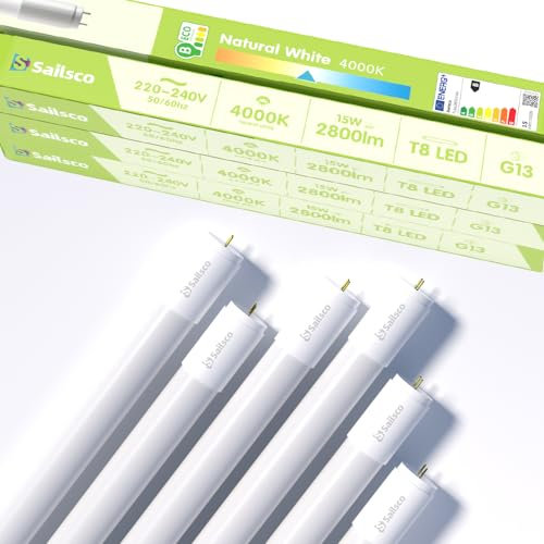 sailsco LED Röhre 120CM T8 G13-15W,4000K,2800 Lumen,PC-Material,hohe Lichtausbeute,inkl.Starter,Ideal für Büro,Supermarkt,Lagerhalle,6er Pack (Energieeffizienzklasse B)