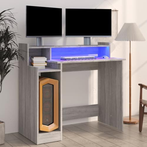 ULUYYUC Spiel-Tische Sekretär Schreibtische Laptop-Schreibtische SchreibtischeSchreibtisch mit LEDs Grau Sonoma 97x45x90 cm HolzwerkstoffGeeignet für Arbeitszimmer, Büro, Wohnzimmer