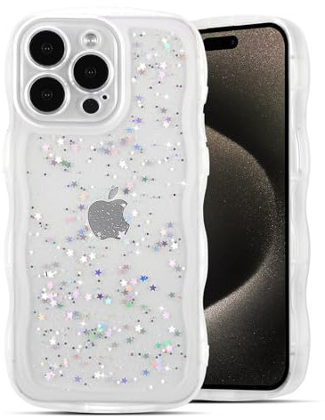 QLTYPRI Compatible with iPhone 15 Pro Case, Cute Curly Wave Frame Clear Glitter Case for Girls Women, Sparkle Bling Soft TPU Bumper Transparent Shockproof Phone Cover for iPhone 15 Pro - Clear