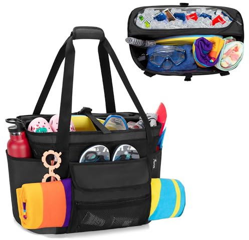 Fasrom Strandtasche XXL mit isolierter Kühltasche, wasserdichte Strandtasche mit Trocken-Nass-Trennung für Pool, Schwimmen, Reisen, Schwarz(Patent Design)