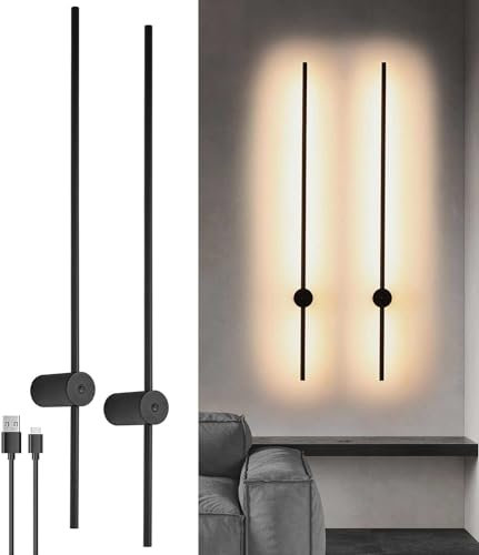 USB Rechargeable Wall Lights with Remote Control, Dimmable Wireless LED Wall Lamps Black 100CM, 360° Rotation - Modern Wall Sconces for Living Room, Bedroom - 2 Pack