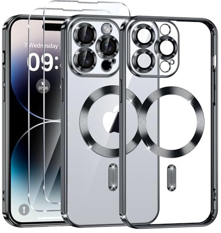 Phoona Cover Placcatura per iPhone 14 Pro Max 6,7 Pollici, Obiettivo per Fotocamera Protezione Completa e 2 × vetro temperato, Compatibile con MagSafe Ricarica Wireless, Protezione Militare, Nero