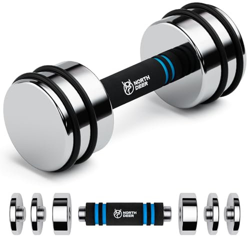 Northdeer Adjustable Dumbbell Ultracompact 15kg Single (7kg/10kg/12kg/15kg) Chrome Dumbbell with Foam Handle Home Gym Workout (1×15kg)