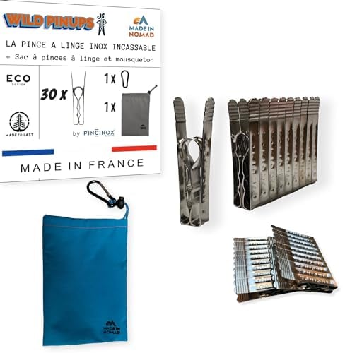 Wild Pinups: 30 Pinces à Linge INOX Incassables Pincinox avec Panier Pince à Linge et Mousqueton. pour Buanderie, Fil à Linge, séchoir à Linge. l'Epingle a Linge Solide, Durable à Vie, Made in France