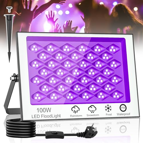 papasbox 100W Schwarzlichtlampe Schwarzlicht Strahler Blacklight | UV LED Lampe mit Stecker Schalter Erdspieß IP66 Wasserdicht UV Licht für Partylicht Party Deko