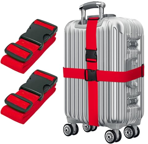 Rot Koffergurt 195cm Lang - 2er Set Verstellbare Gepäckgurte Mit Klickverschluss - Luggage Strap für Koffer