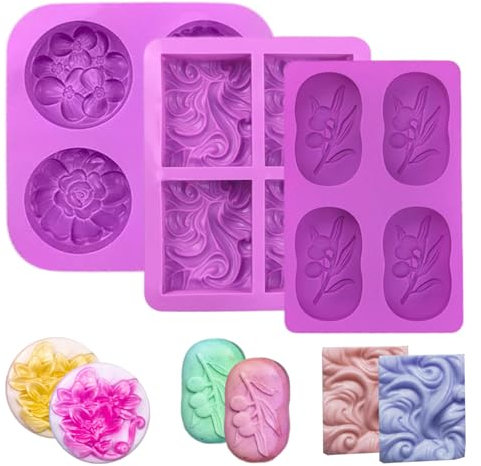 LdawyDE Soap Moulds Pack of 3 4 Cavities Rectangle Round Oval Silicone Moulds Soap Mould DIY Handmade for Soap Making Supplies -with Waves/Flower/Olive Pattern Soap Mold