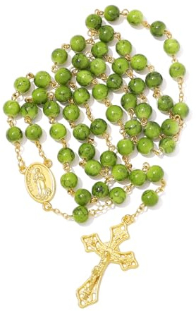 KMIMO Collier de perles de chapelet vert de 8 mm avec médaille de Lourdes plaqué or 18 carats et crucifix, collier de chapelet catholique pour femme avec sac en velours