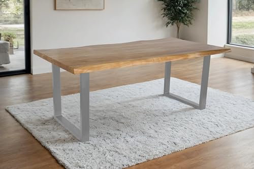 SAM Esstisch Cali | 200 x 100 cm | Akazienholz massiv | Farbe: Eiche | U-Gestell Metall Silber | Massivholz mit Baumkante | pflegeleichter Baumkantentisch/Esszimmertisch