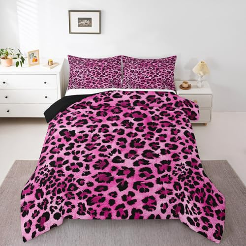 Feelyou Bettwäsche-Set mit Leopardenmuster, für Doppelbett, für Kinder, Geparden-Motiv, für Jungen und Teenager, Hot Pink, Tierdruck, atmungsaktives Safari-Bettwäsche-Set, Raumdekoration,