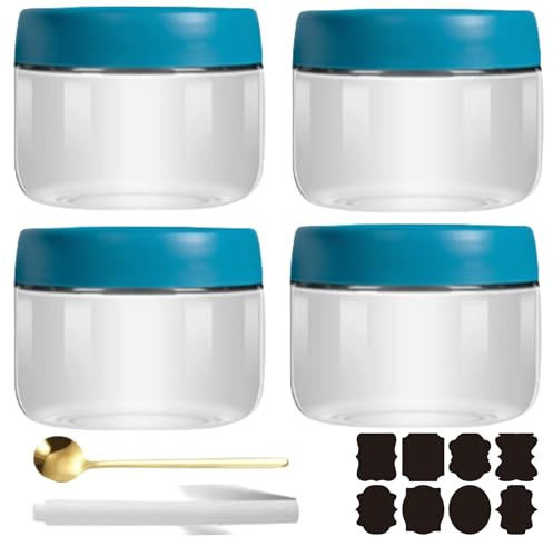 CNKHDZ 4 Stück Overnight Oats Gläser Blau 300ml,Meal Prep Gläser,Overnight Oats Gläser mit Deckel Wiederverwendbare Einmachgläser für Hausgemachte Marmelade,Einlegen,Mason Jar mit Löffel,Etikett