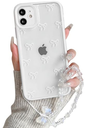 NITITOP Compatible with iPhone 11 Case Cute Clear White Durable Ribbon Bowknot Pattern for Girls Women with Chain Wrist Strap Soft TPU Transparent Shockproof Protective Phone Cover - White