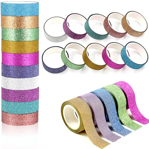 Nastro Adesivo Carta Colorato,10 Rotoli Nastro Washi 1,5cm * 3M Glitterato Nastro Washi Decorativo per Bambini,Studenti DIY Diario Artigianato Scrapbooking Casuale Colore