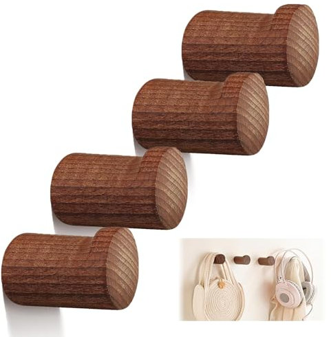 QTMMC Walnut Wood Coat Hooks Wall Mounted - Pack of 4 | Handmade Solid Wooden Hooks for Coats Jackets Towels Clothes Bags | Heavy Duty Natural Finish Door Wall Hangers Set of 4