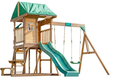DOLPHIN PLAYGROUND Wooden Swing and Slide Set for Backyard, Kids Swing Set with Picnic Table, Play House for Kids Outdoors with Slide 2 Swings Climbing Wall, Kids Outdoor Play Equipment for Ages 3+