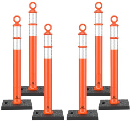 RoadHero 42 Inch Delineator Post with Base, Portable Orange Traffic Delineator Posts Cones with Reflective Collars for Parking Lots, Road Safety, Construction Events (6 Pack)