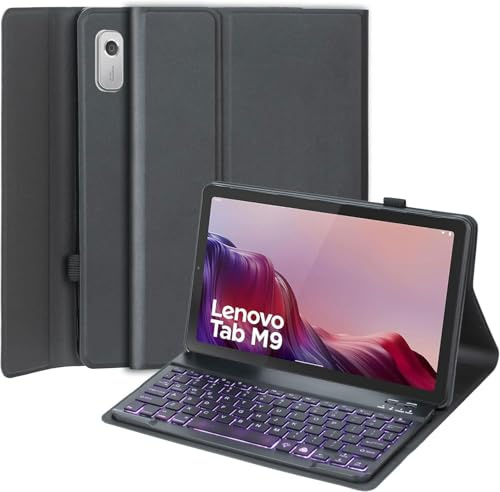 EHLCYS Keyboard Case for Lenovo Tab M9 9 Inch 2023 Release (TB-310FU/TB-310XU), 7-Color Backlit Detachable Wireless Bluetooth Keyboard, Ultra-Thin and Lightweight Multi-Angle Case with Mouse