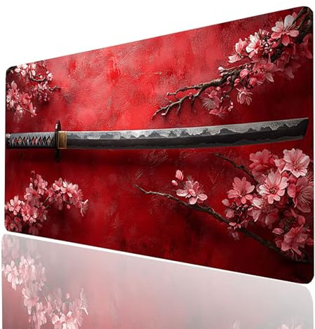 Tappetino Mouse Fiori di ciliegio Tappetino Mouse XXL 1600x800x3mm Katana Mousepad Impermeabile e Antiscivolo Cucire i Bordi, Accessori Gaming Mousepad per Portatile Laptop Tastiera Model-01960