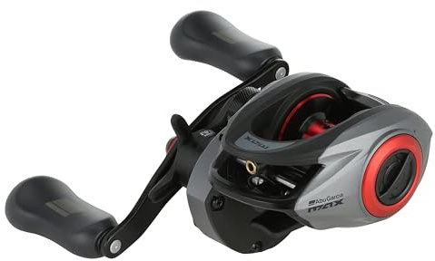 Abu Garcia Max Elite Baitcast Angelrolle mit niedrigem Profil, gerade, leichtes Design, Körper und Seitenplatten aus Carbon, Getriebe aus Duragear-Messing, Bremssystem mit Carbonmatrix
