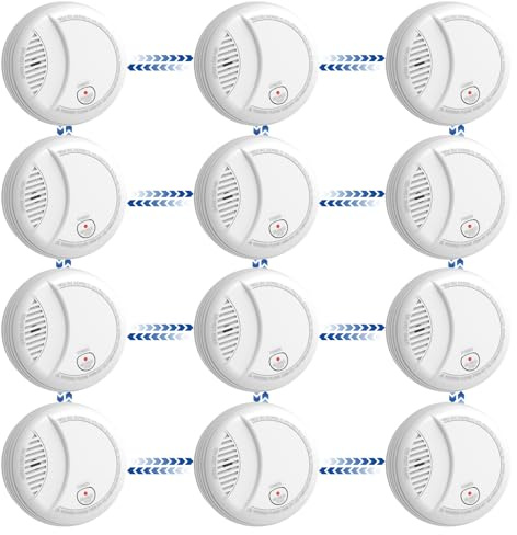 Hapippofa Interlinked Smoke Alarms for Home,10 Year Sensor Life Fire Alarms with Test/Silent Button, Replaceable 9V Battery Powered Smoke Detector,Conforms to EN 14604 Standard,12 PCS