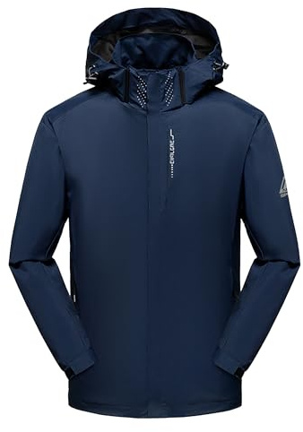 AMZSPORT Uomo Antipioggia Impermeabile Antivento con Cappuccio Leggera e Comprimibile Traspirante per Escursionismo,Corsa,Viaggi,Trekking,Blu XL