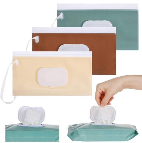 Nogeqi 3 Pcs Travel Wipes Case,Reusable Baby Wipe Dispenser, Portable Baby Wipe Holder with Ring, Wipes Container Pouch for Outdoor Outing, Camping, Hiking(Good Sealing Performance)