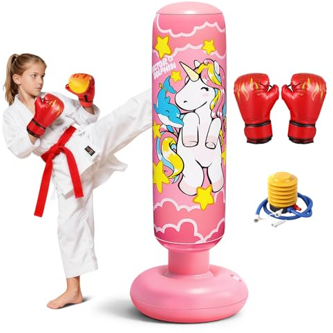 Flintronic Boxsack Kinder 3+Jahre für Jungen & Mädchen, Aufblasbarer Standboxsack mit Boxhandschuh, Dickes Stabile 120CM Großer Punching Bag zum Üben von Karate und Taekwondo, Rosa Einhorn