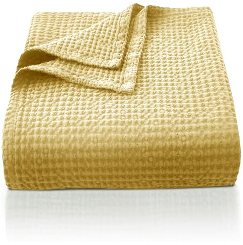 CHUFFED 100% Baumwolle Decke 220x 240 cm, Weiche und Atmungsaktive Tagesdecke, Waffelmuster Leichte Decke als Sofadecke Couchdecke, Weich Kuschelige Wohndecke Wohnzimmer, Sofa Couch Hellgelb
